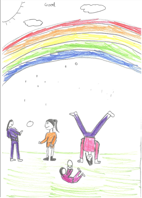 A coloured pencil drawing by a child showing children playing under a rainbow 