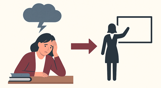 An illustration of a woman under a stormy cloud. She looks worried. An arrow points to a woman in front of a white board, indicating that this image references teacher burnout.