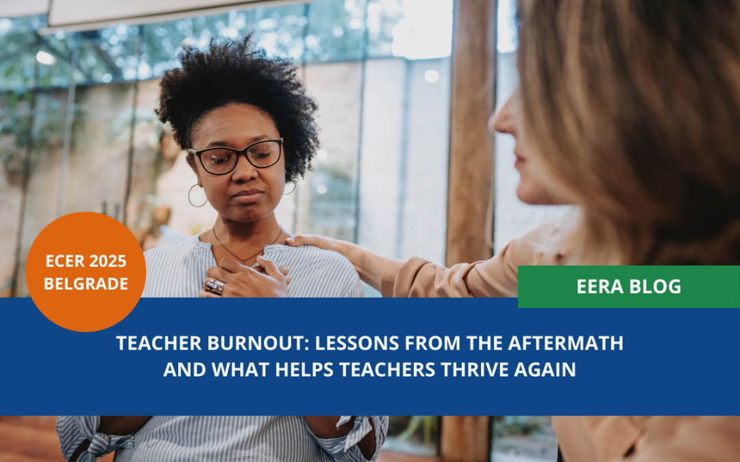 A woman with her eyes closed and her hands clasped on her chest as another woman lays a hand on her shoulder in support, symbolizing teacher burnout and reentry into the classroom with support of colleagues
